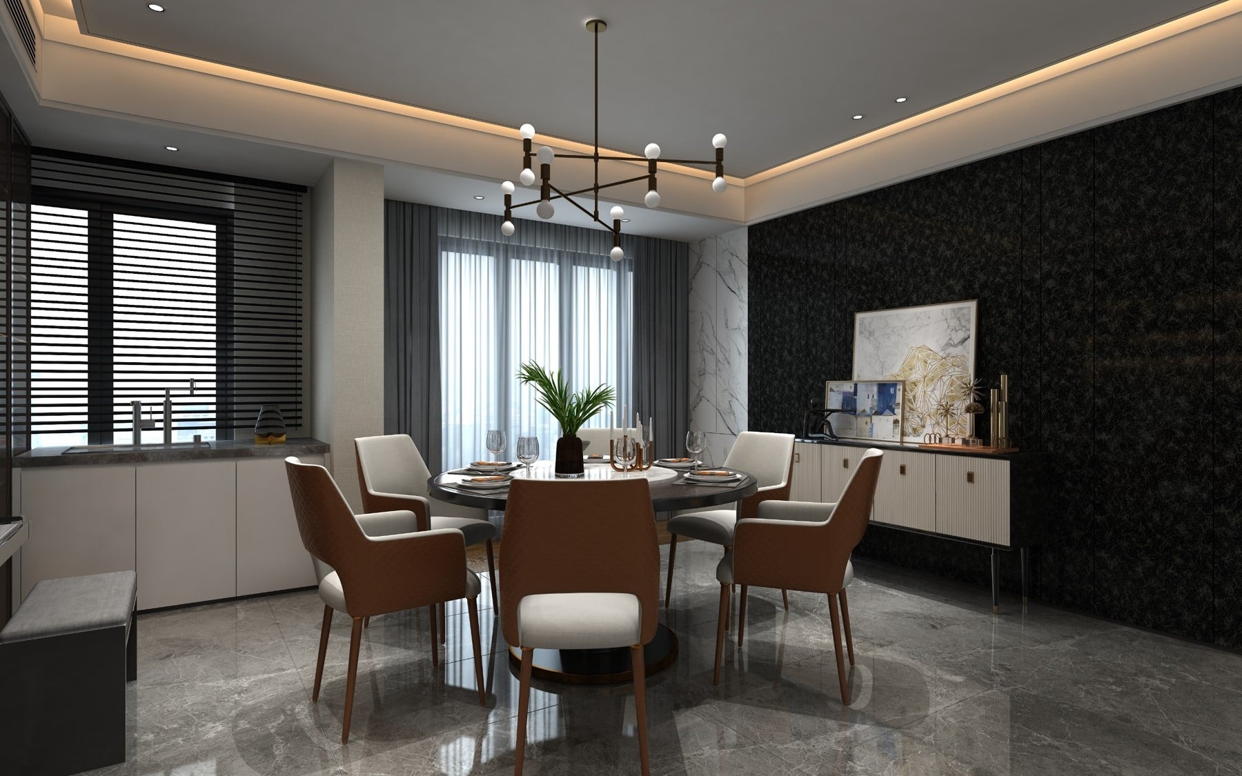 Dark patterned laminate wall in modern dining room with marble floor and white furniture under chandelier lighting.
