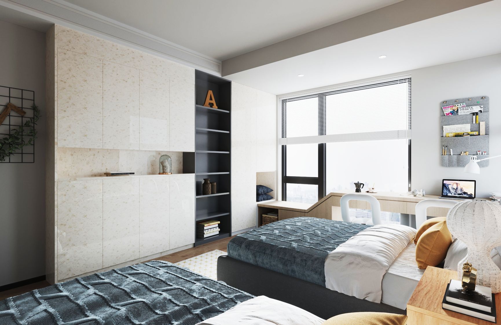 Marble laminate wall with beige and white pattern in modern bedroom with furniture and decor items on display