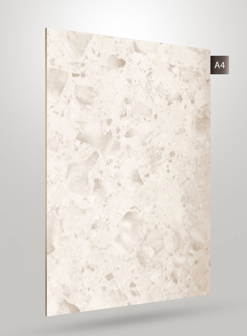 Matte white marble laminate with beige veining and subtle texture, showing edge detail and sample label A4.
