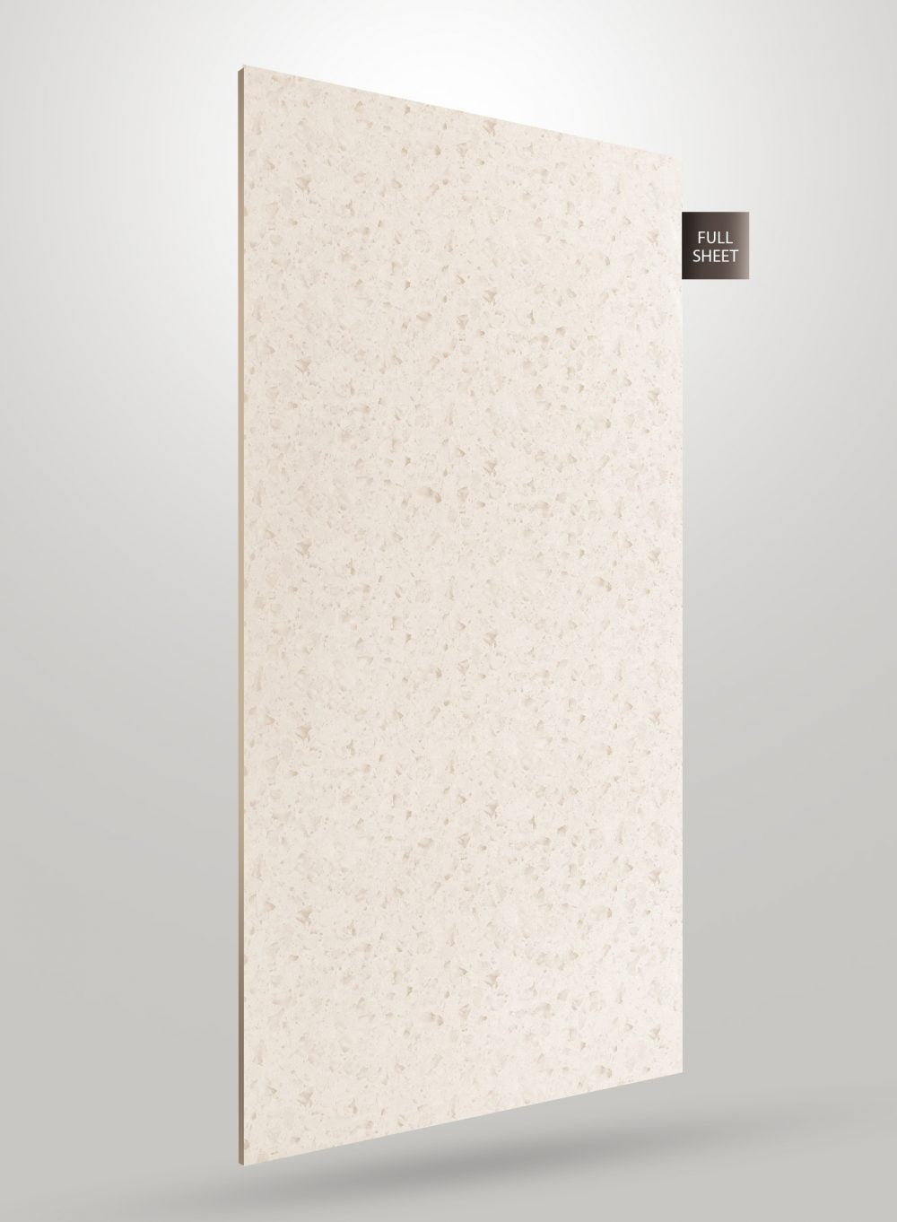 Multi-coloured marble laminate sheet with speckled pattern and matte finish, displayed at an angle with visible edge.