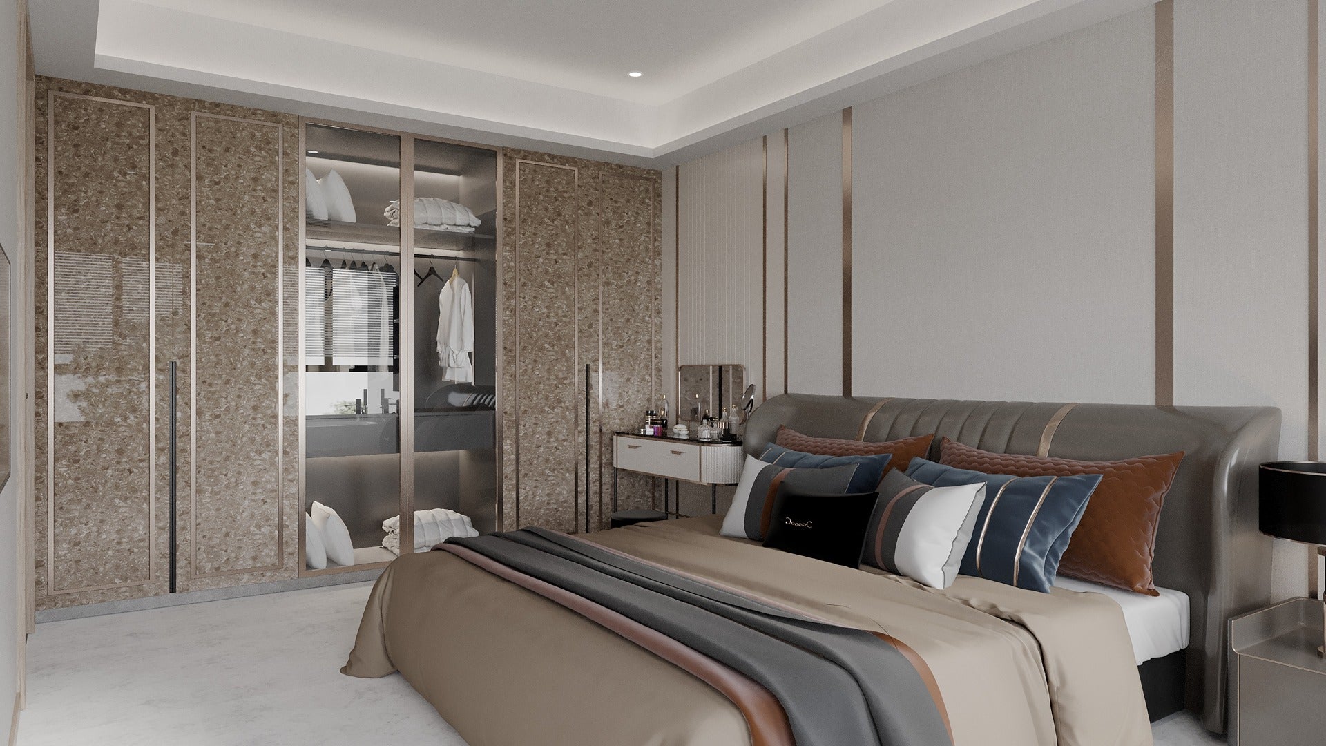 Multi-colored marble laminate with matte finish used on bedroom closet walls and doors, showing natural stone texture and