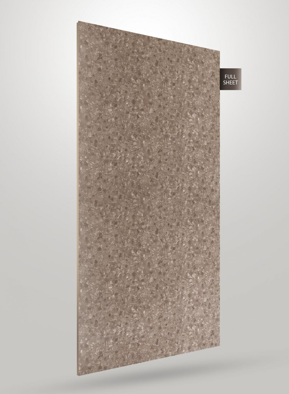 Brown marble laminate sheet with speckled pattern and matte finish, displayed at an angle with full sheet label.