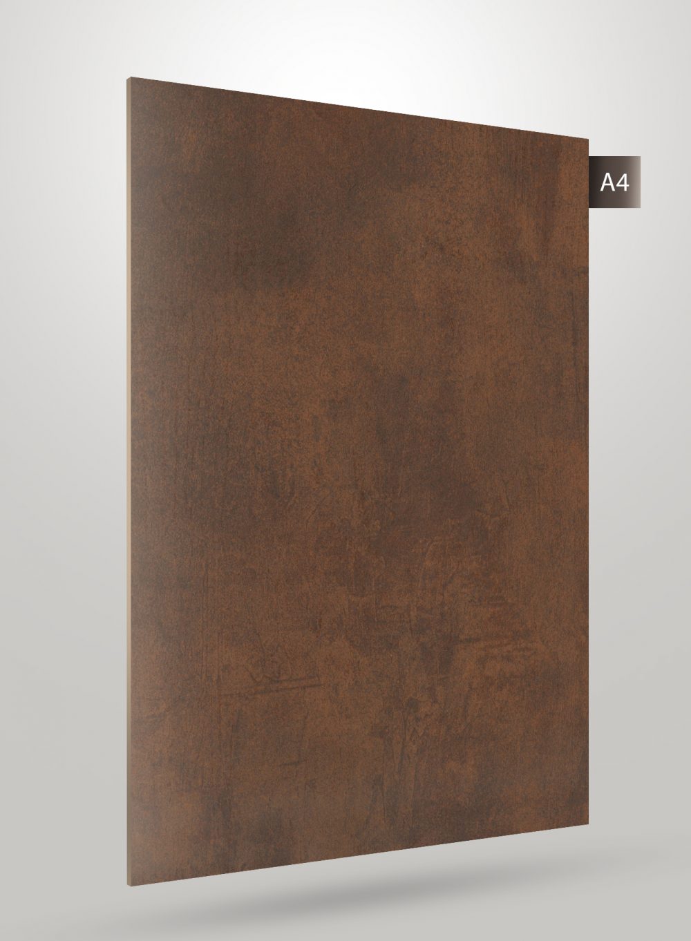 Brown decorative laminate with high gloss finish and textured pattern resembling wood grain or marble effect on a plain