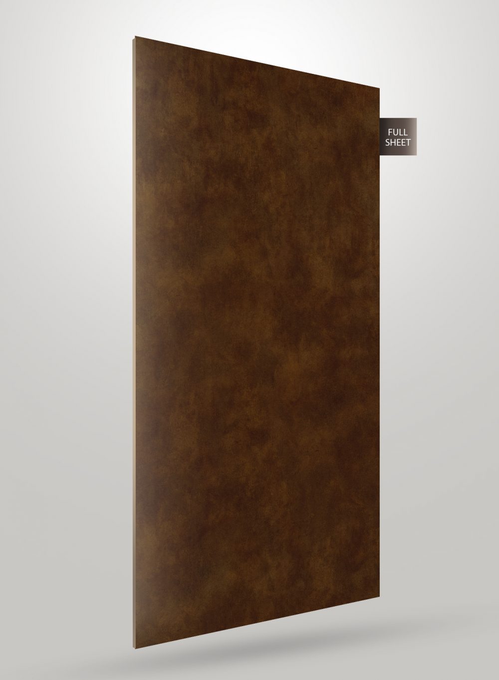 Brown patterned laminate sheet with glossy finish and mottled texture, shown as full sheet with visible edge.