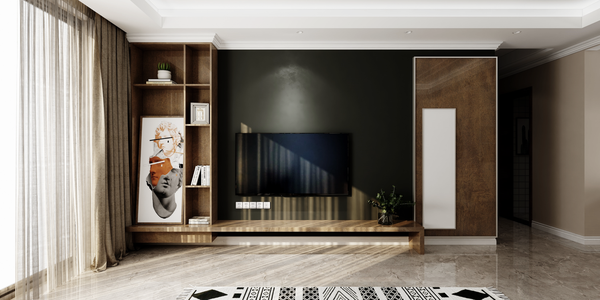 Brown patterned laminate wall with high gloss finish in modern living room with wooden furniture and marble floor.