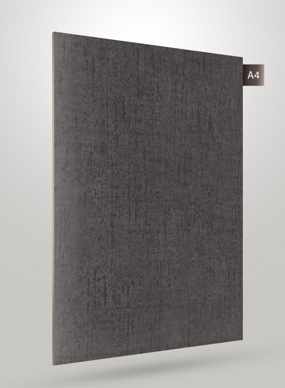 Dark grey patterned laminate sheet with textured finish and subtle sheen, displayed at an angle with A4 label.
