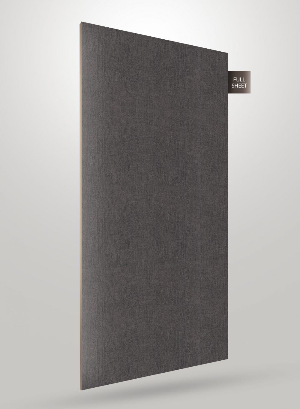Dark grey textured laminate sheet with subtle pattern and smooth finish displayed at an angle with full sheet label.