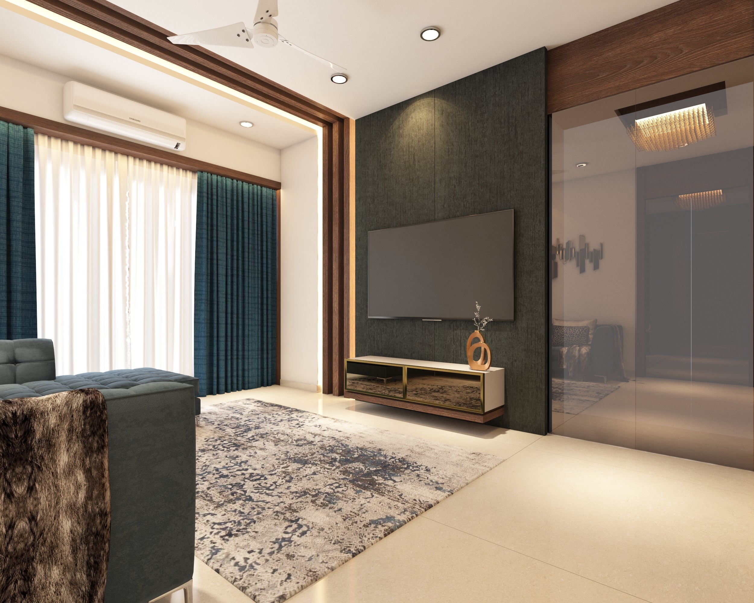 Dark green textured laminate wall panel with glossy finish in modern living room interior