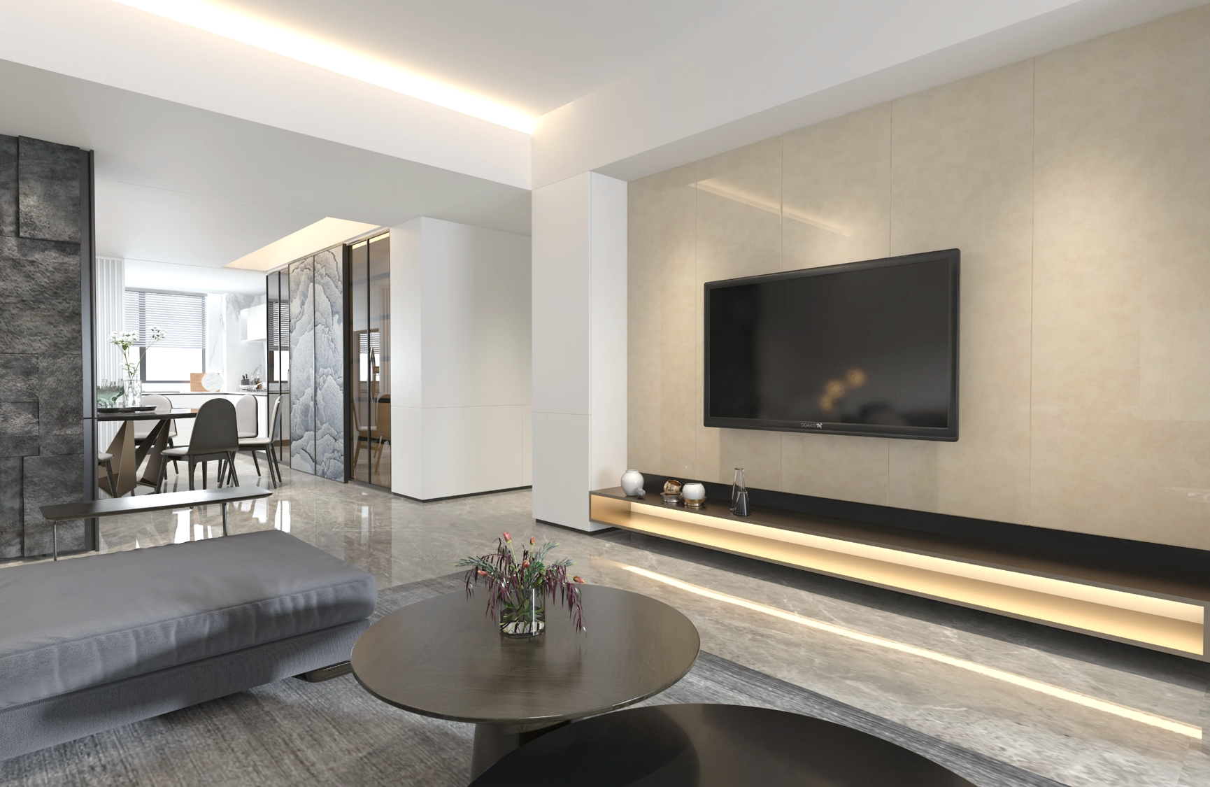 Beige marble laminate wall with matte finish in modern living room with TV unit and minimalist decor