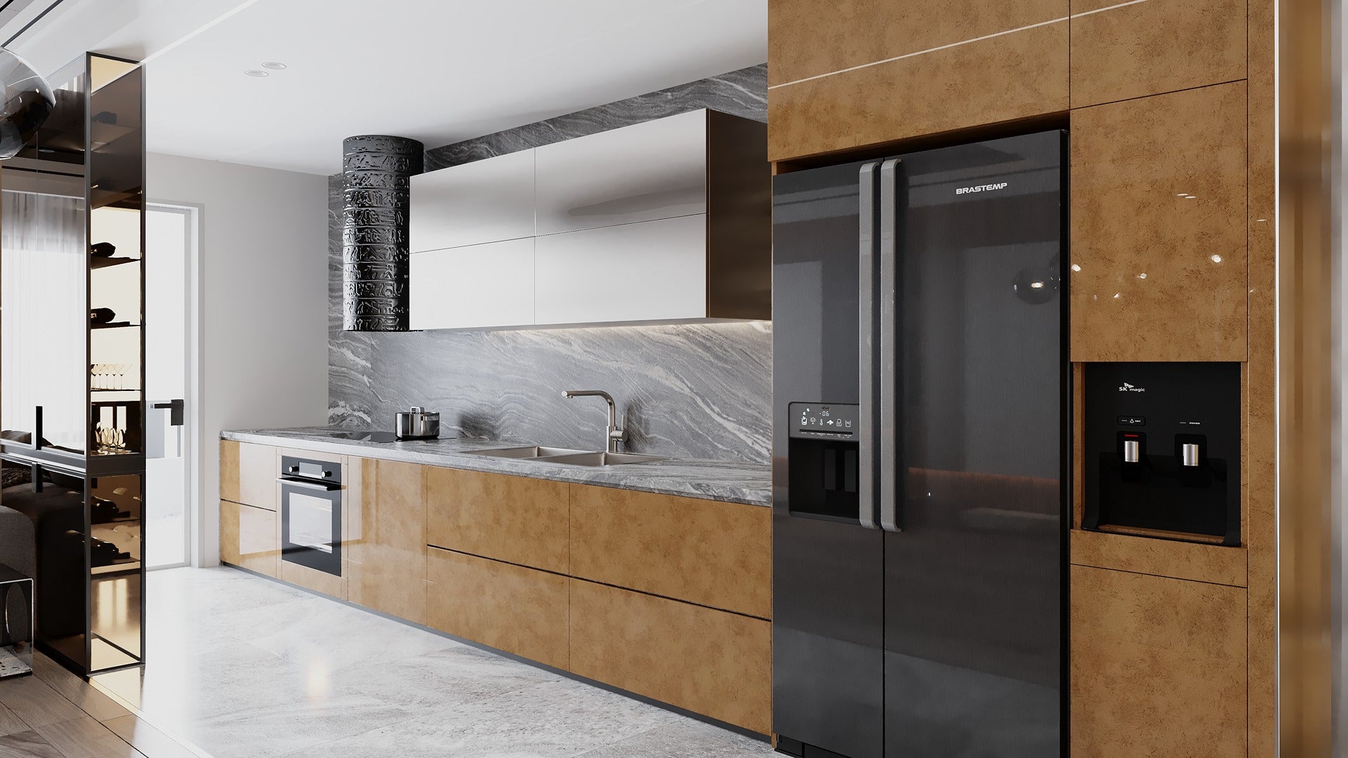 Multi-coloured marble laminate kitchen with grey marble countertop and backsplash, featuring brown textured cabinets and