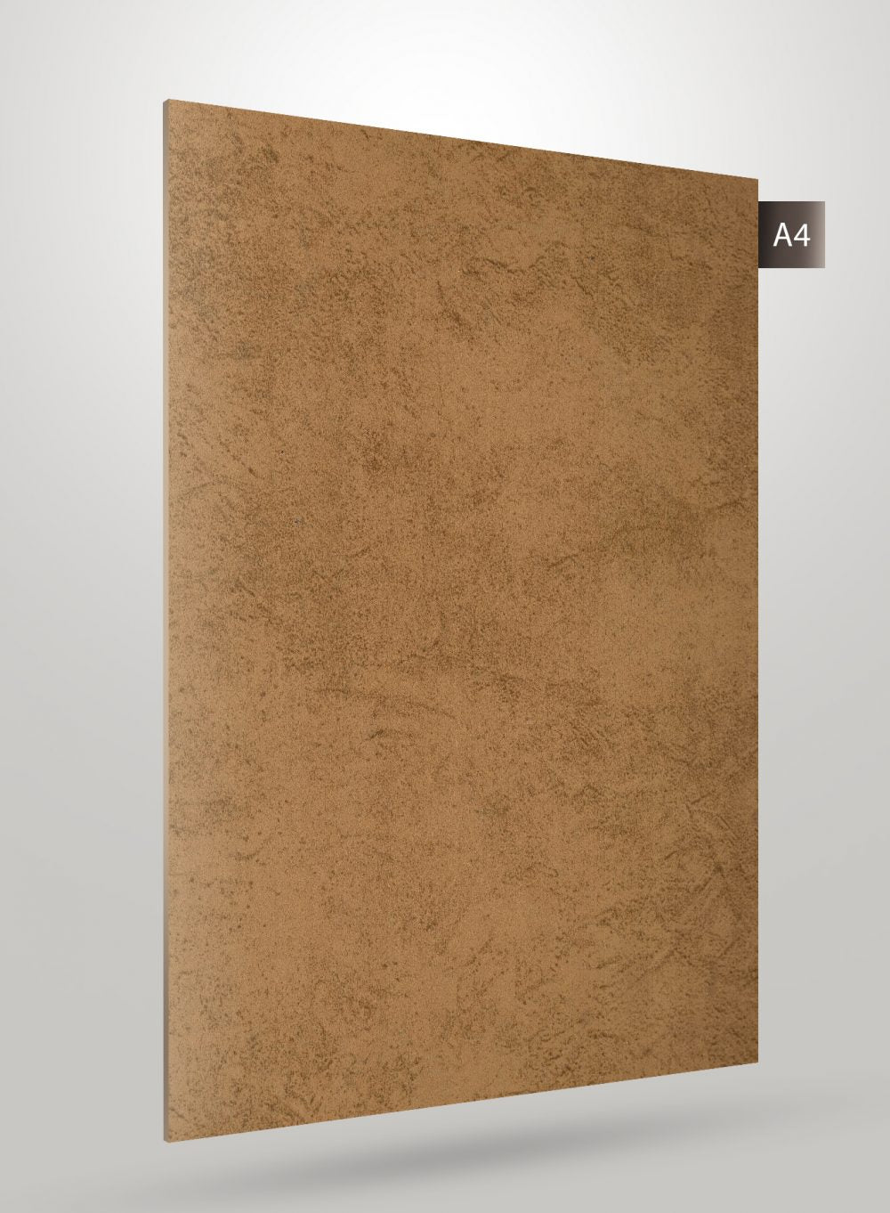 Brown matte laminate with stone texture and subtle pattern, decorative laminate sheet with A4 label on corner.