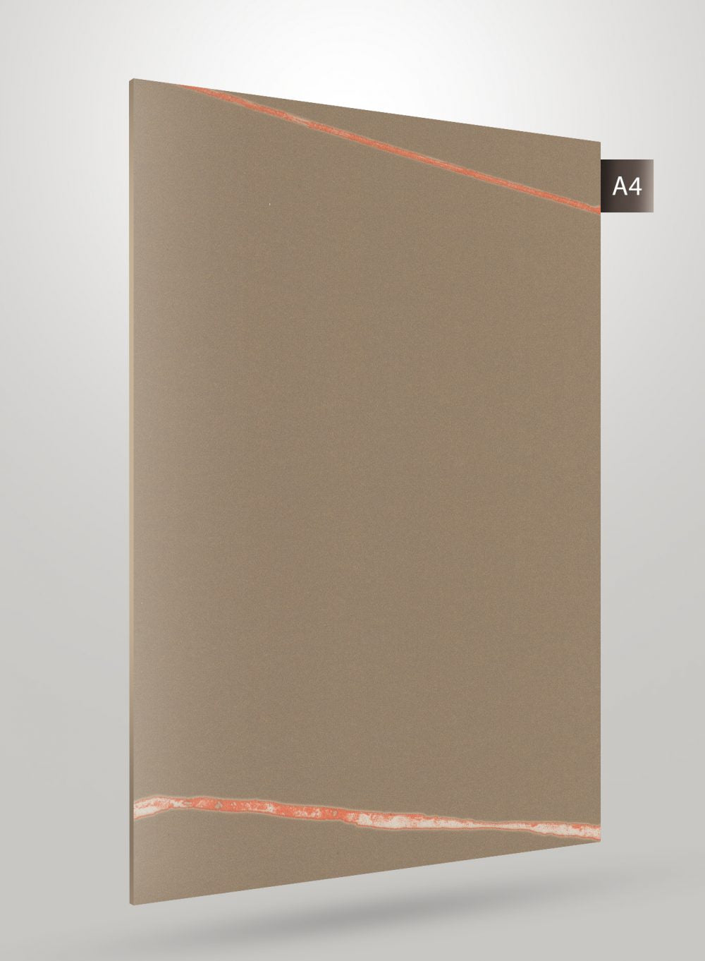Brown patterned laminate sheet with high gloss finish and orange accents on edges, decorative interior material.