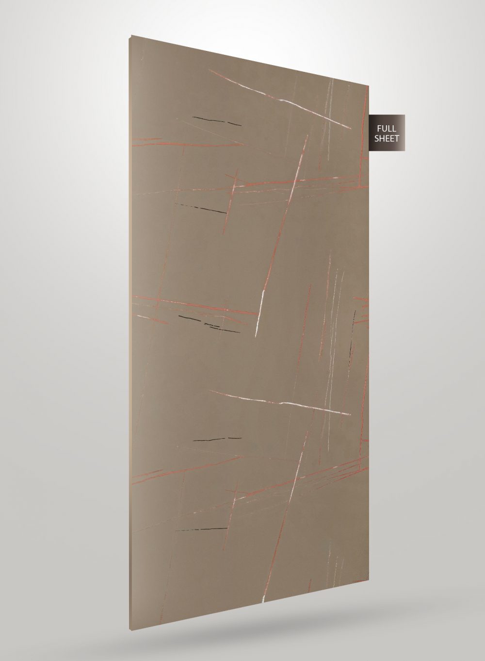 Brown patterned laminate sheet with abstract design and high gloss finish, labeled full sheet.