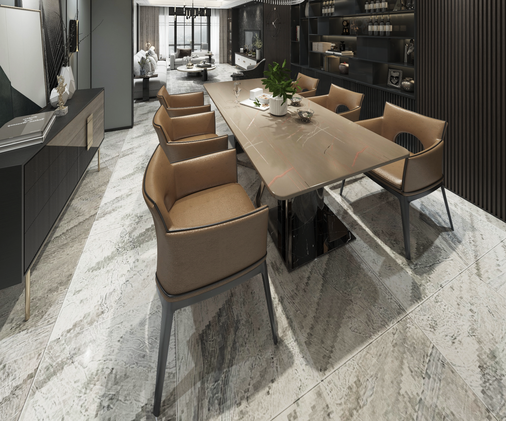 Brown patterned laminate with high gloss finish on dining table in modern interior design setting with marble flooring