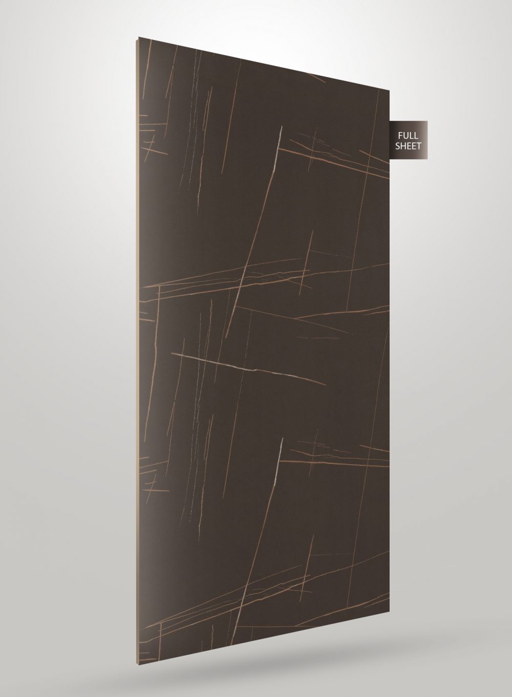 Brown marble laminate sheet with gold veining and matte finish, labeled full sheet on corner.