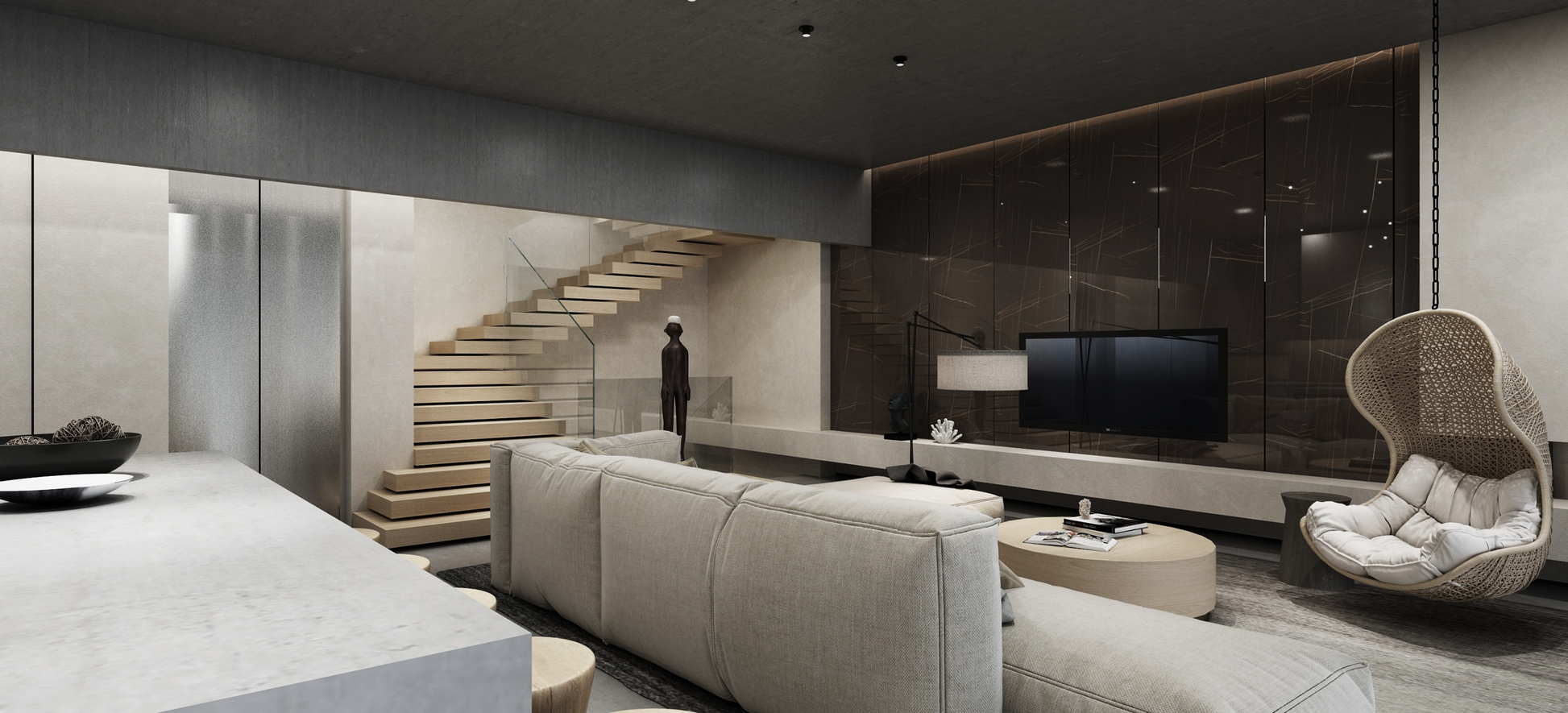Brown marble laminate wall with gold veining in modern living room with minimalist decor and neutral furniture.