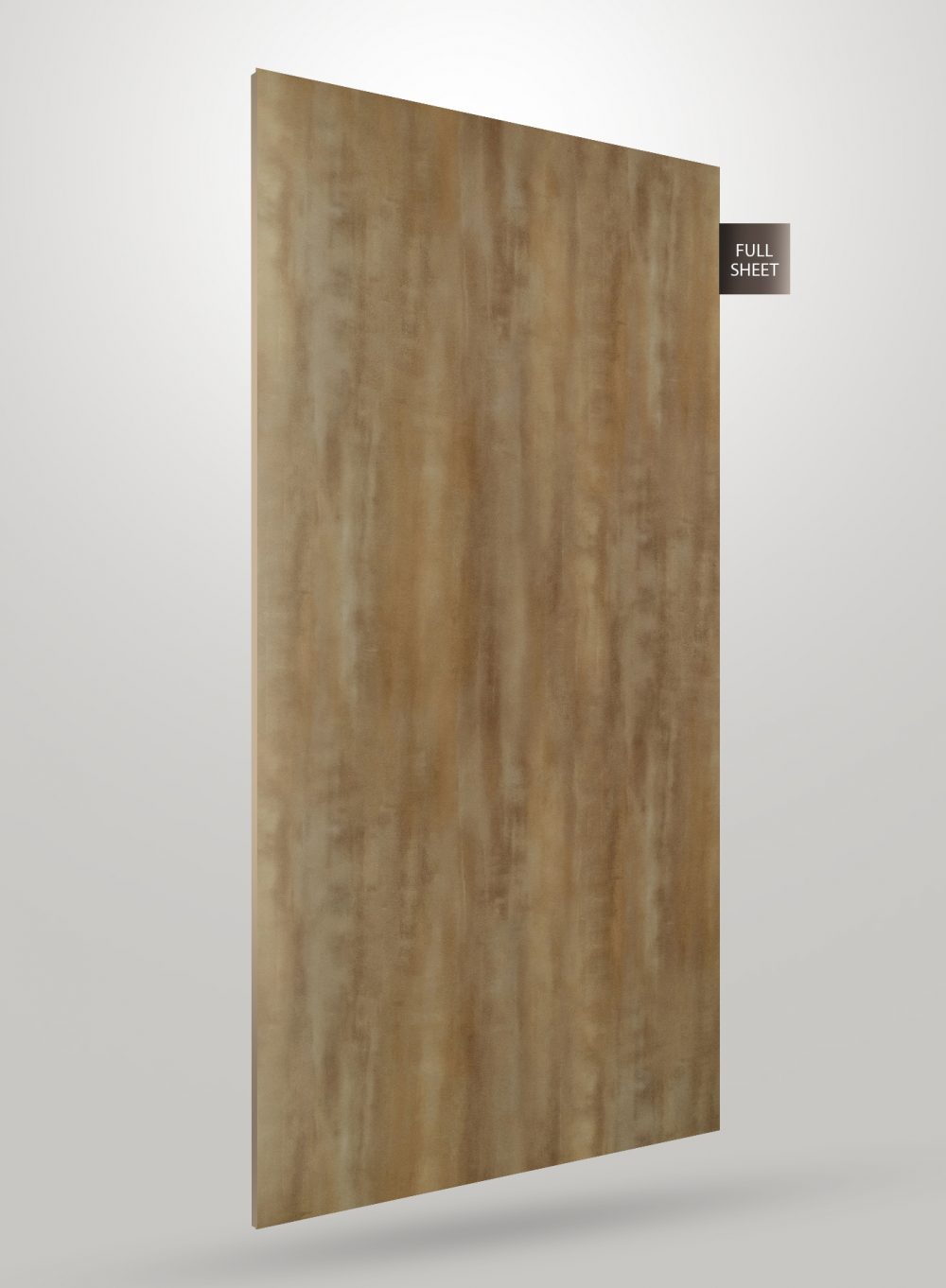 Brown wood grain decorative laminate with glossy finish and vertical wood pattern displayed as full sheet.