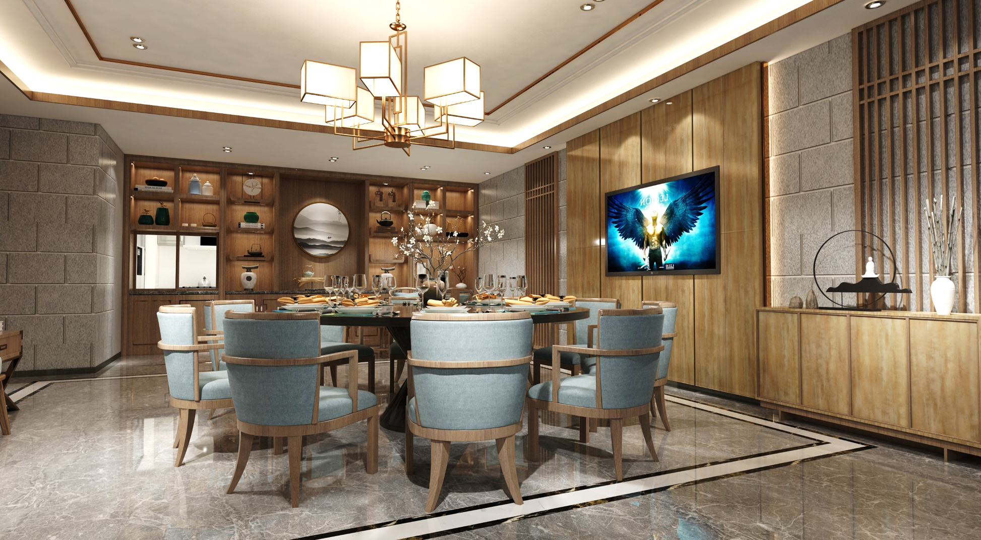 Brown wood laminate wall paneling with glossy finish in a modern dining room with wooden furniture and decor accents.