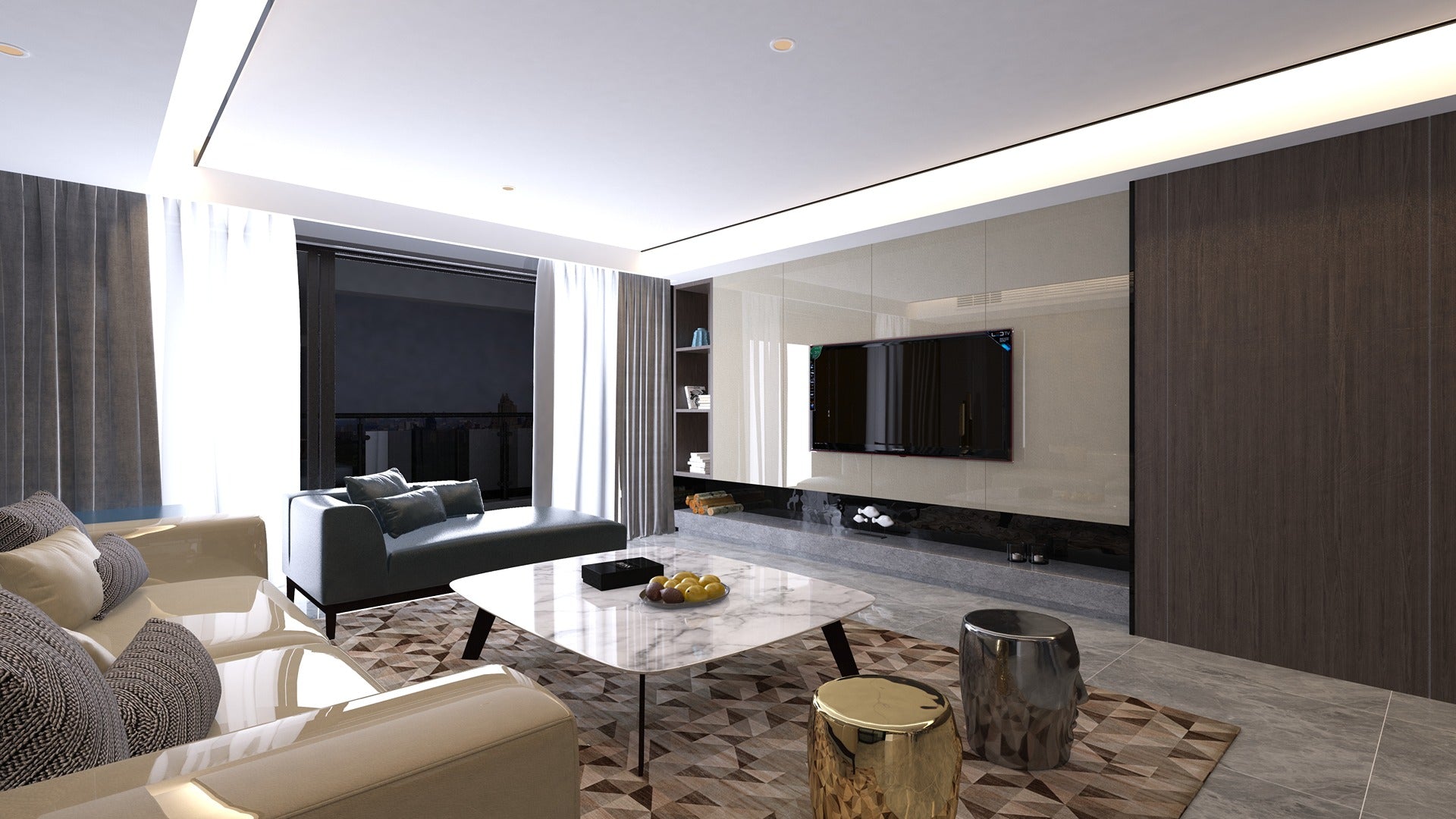 Multi-coloured luxury laminate in modern living room with geometric patterned floor and marble coffee table, matte finish