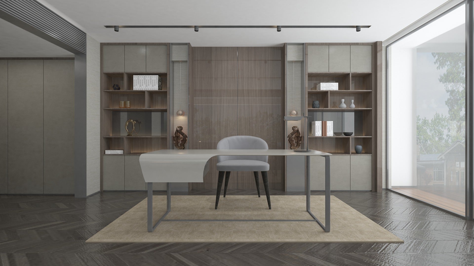 Brown wood grain laminate wall and shelving units in modern office with minimalist decor and large window.
