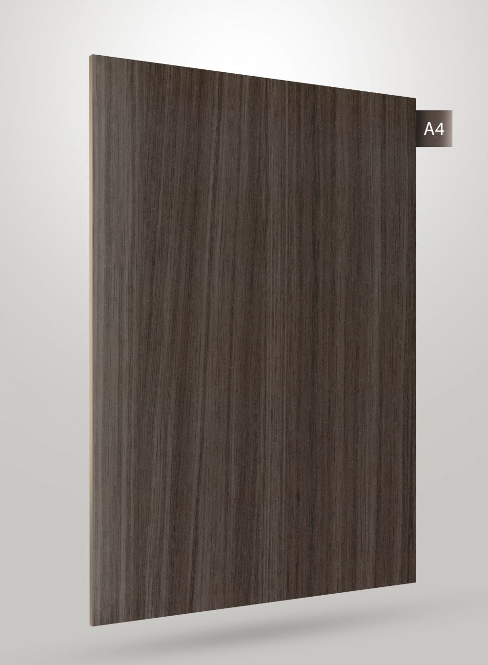 Dark brown wood grain laminate with matte finish and vertical wood pattern texture.