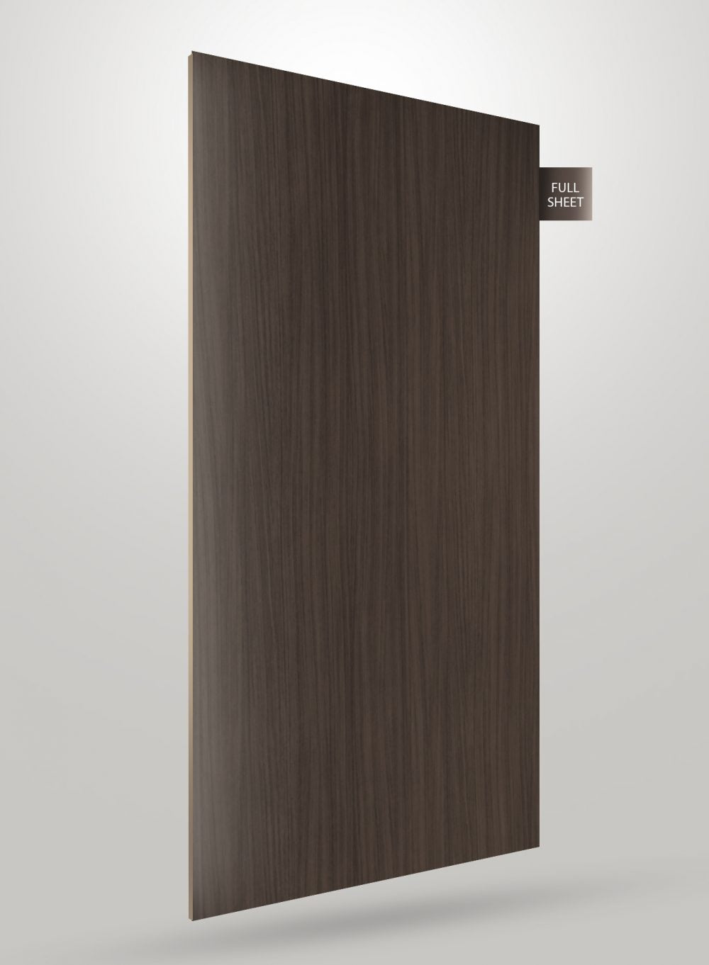 Dark brown wood grain laminate sheet with matte finish and vertical grain pattern, labeled full sheet.