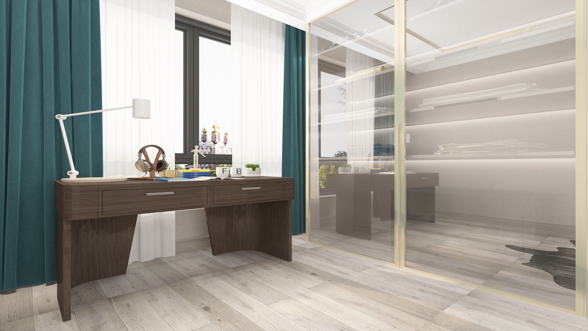 Wood laminate desk and floor in a modern room with glass closet and teal curtains, showing wood grain texture and matte