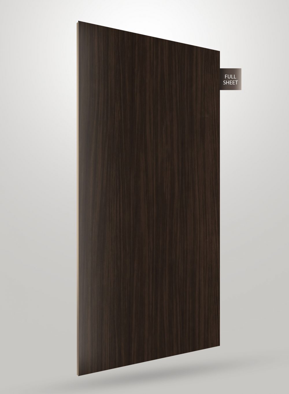 Dark brown wood grain laminate sheet with vertical grain pattern and matte finish displayed on a white background with full