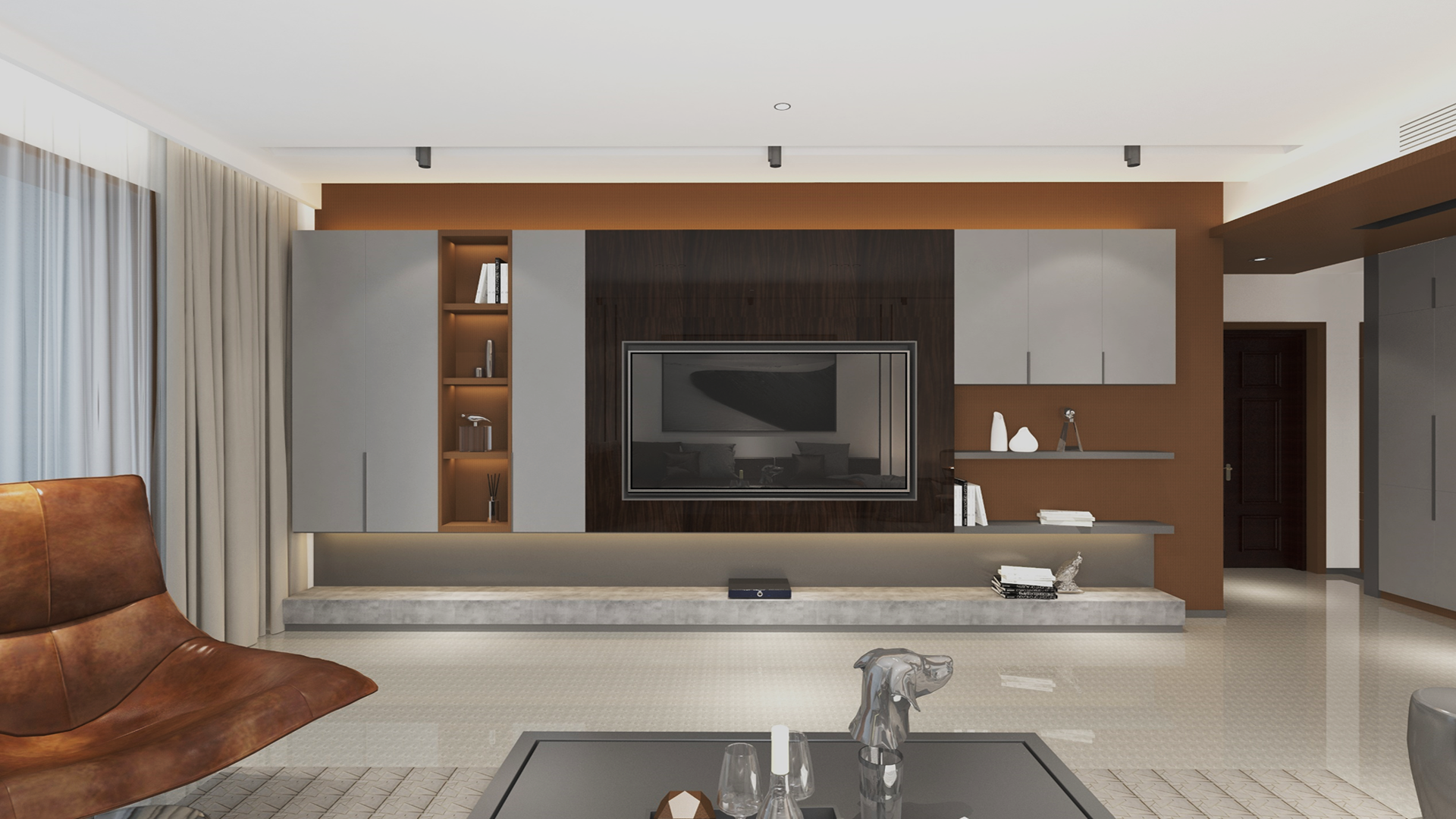 Matte grey laminate used in modern living room cabinetry and shelving with subtle texture and smooth finish.