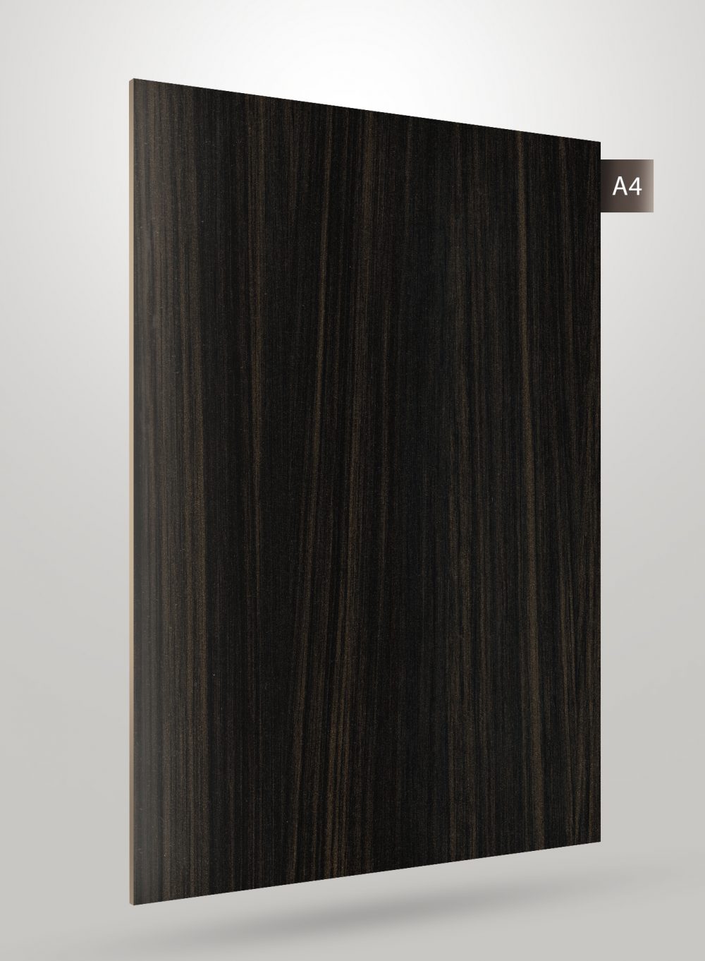 Dark wood grain decorative laminate with matte finish and vertical wood pattern texture.