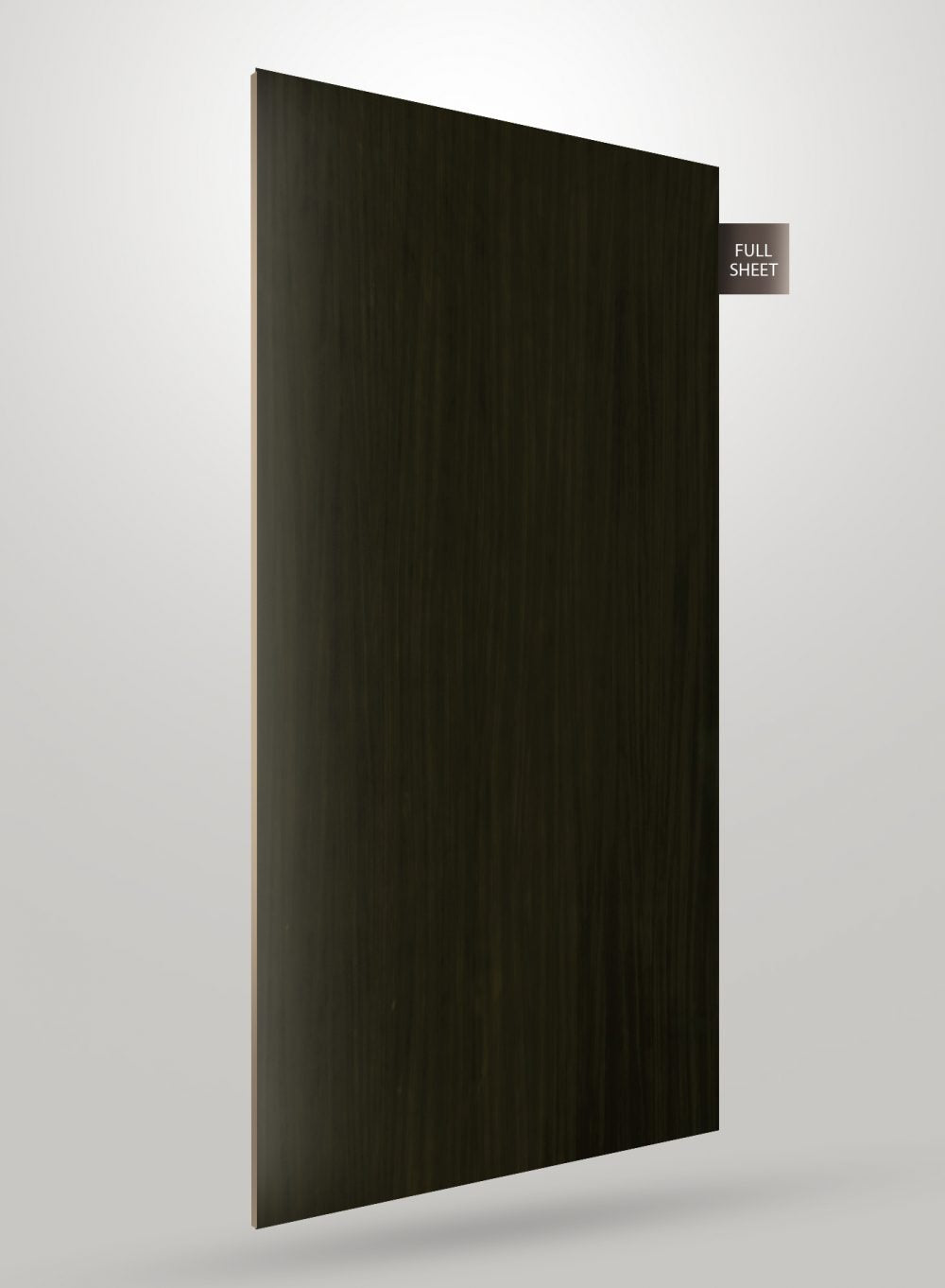 Dark brown wood laminate sheet with vertical grain pattern and matte finish, labeled full sheet on a white background.