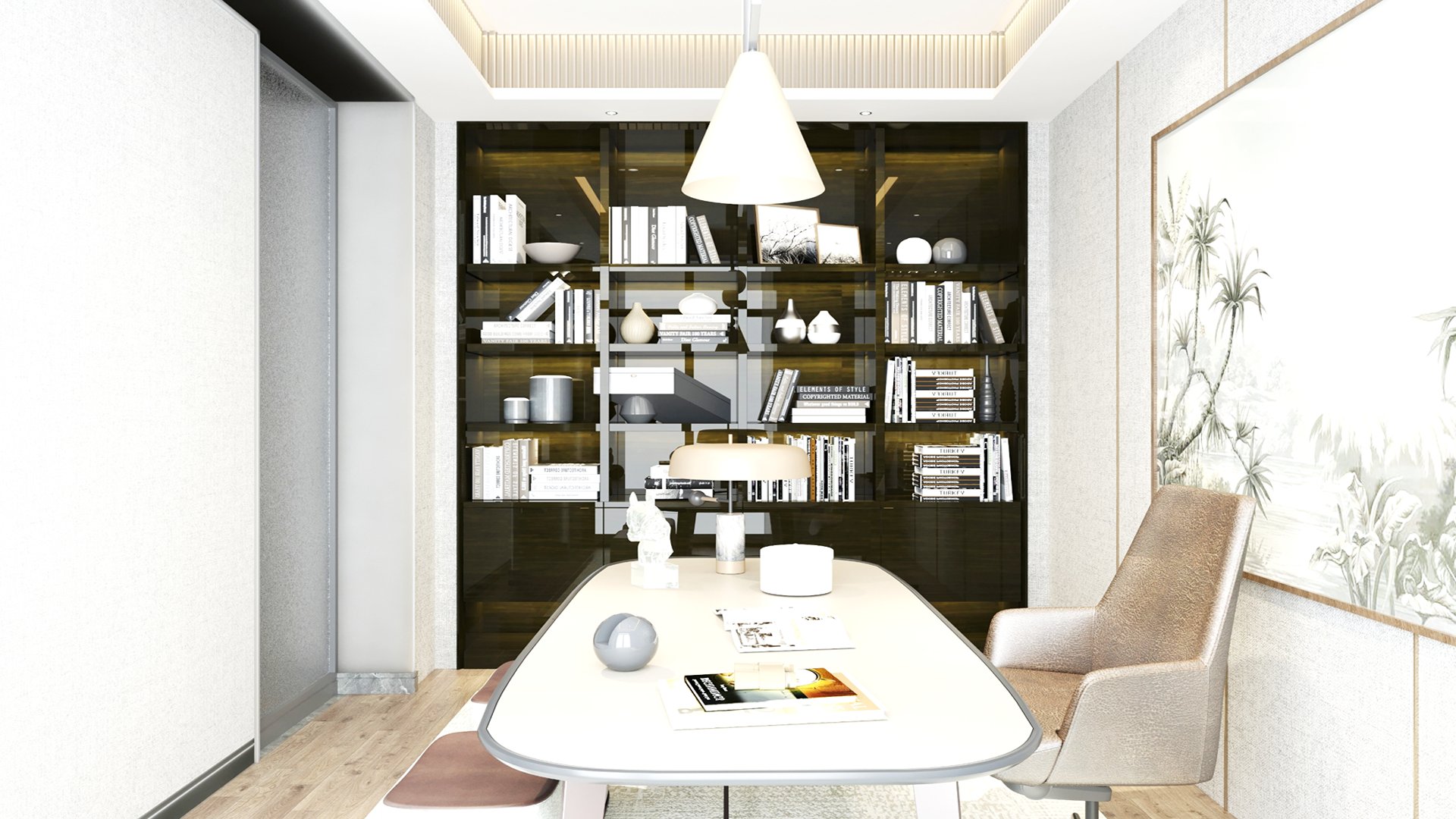 Wood laminate with matte finish used on bookshelf and flooring in modern room with minimalist decor and furniture.