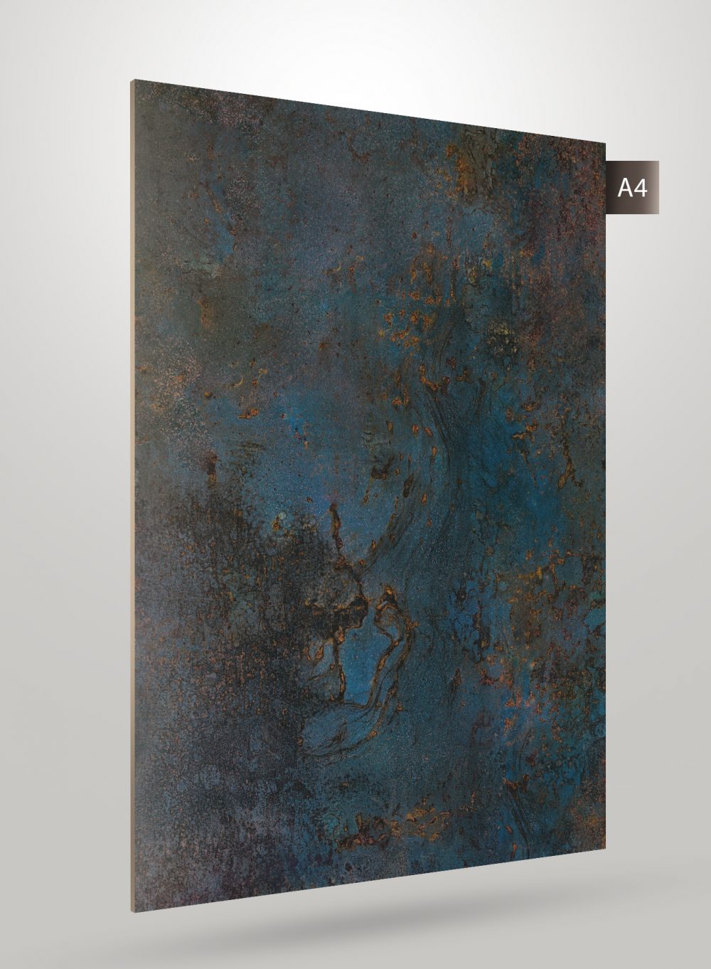 Multi-coloured abstract design laminate with matte finish and textured surface, featuring blue and rust tones in a swirling