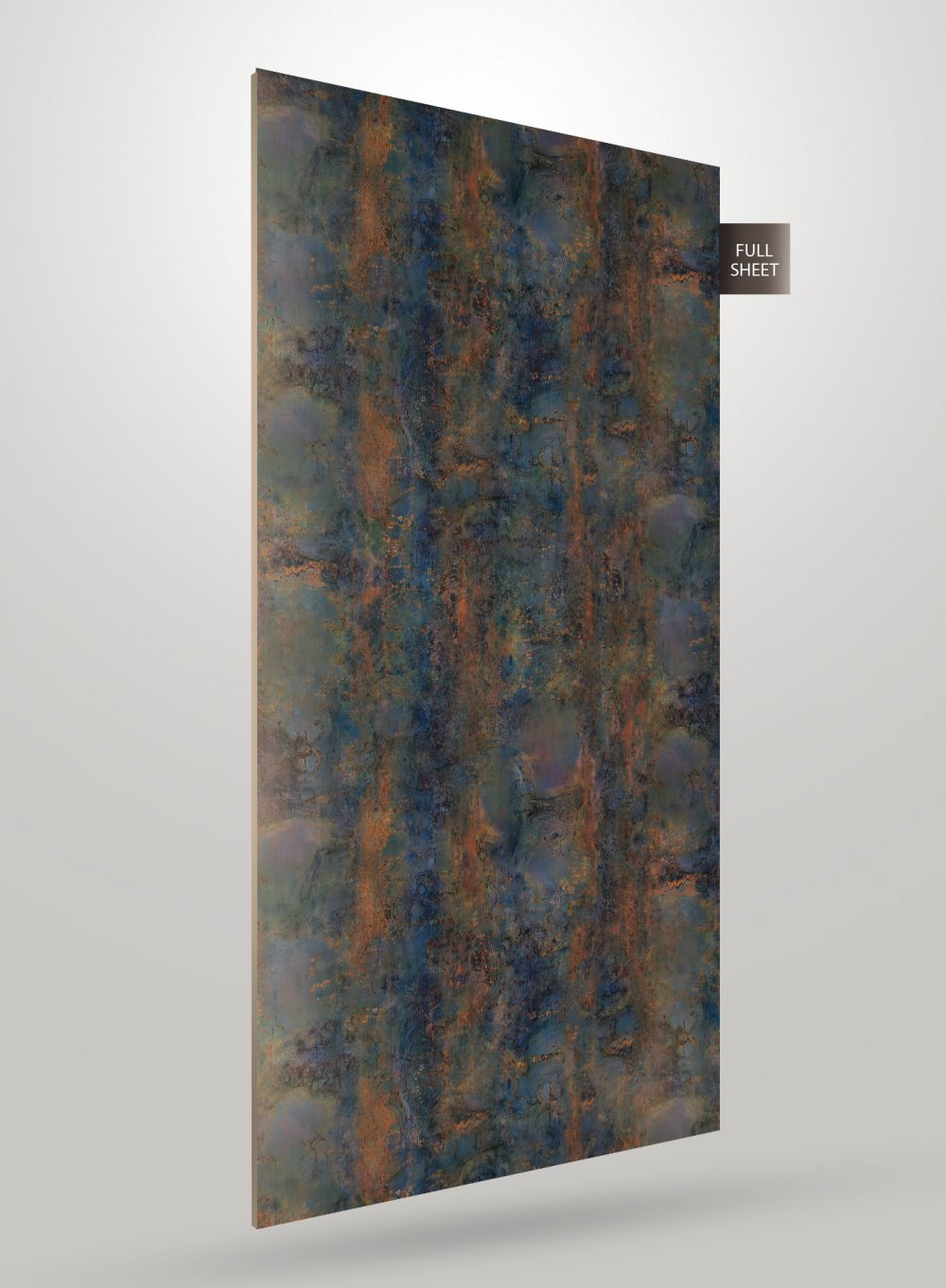 Multi-coloured abstract design laminate with rusted metal texture and matte finish on a full sheet.