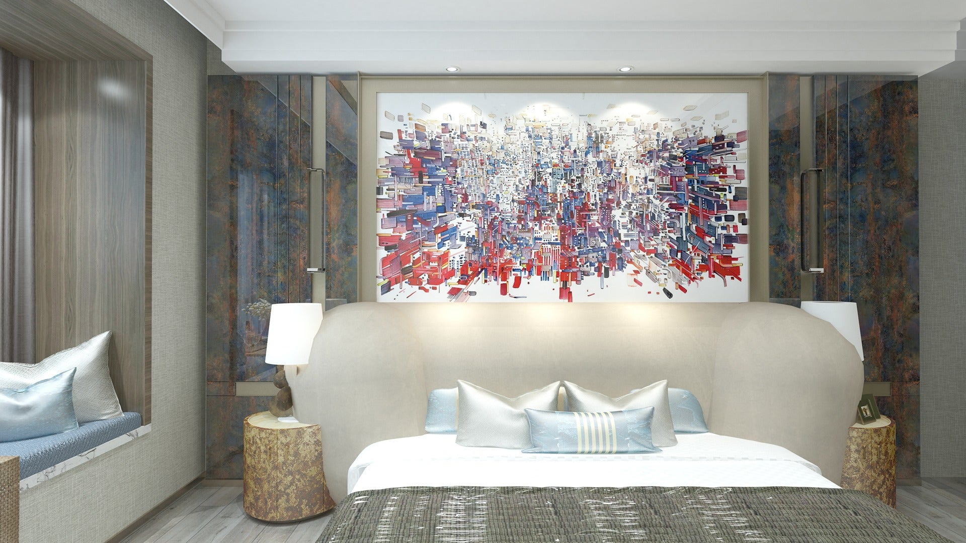 Multicolored abstract laminate wall panels with matte finish in modern bedroom interior with cityscape artwork and beige