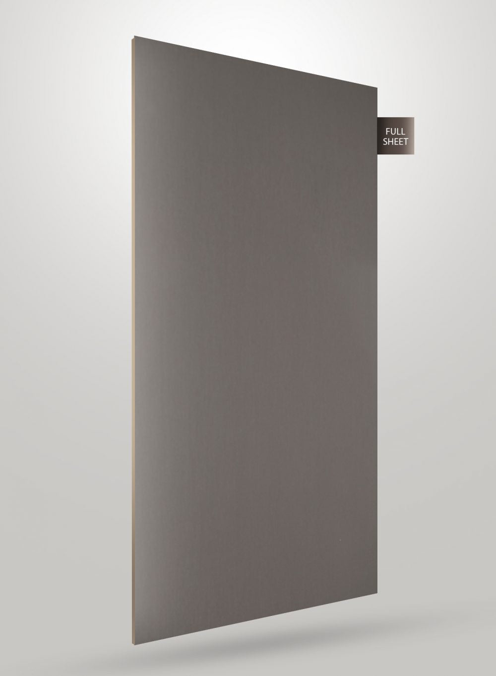 Grey decorative laminate sheet with smooth finish and full sheet label on white background.