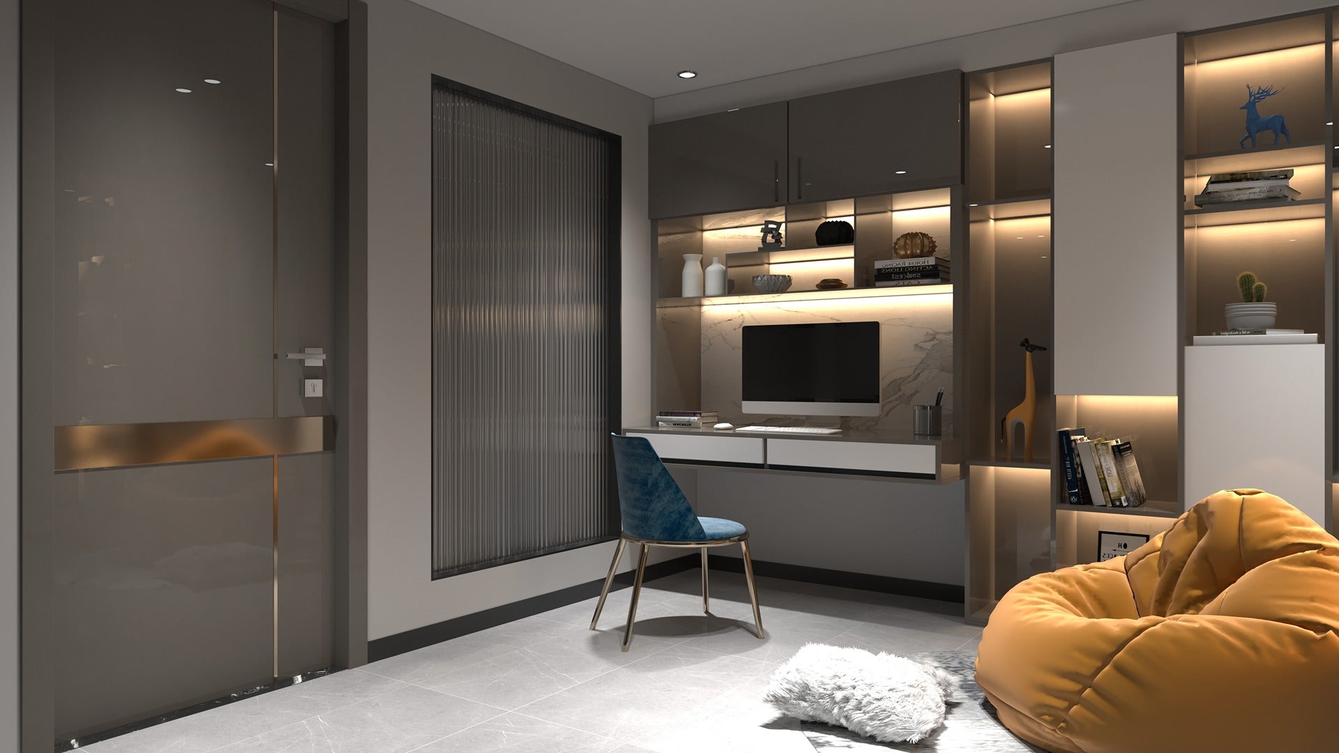 Grey high gloss wood laminate used on modern home office cabinetry and wardrobe with decorative lighting and furniture.