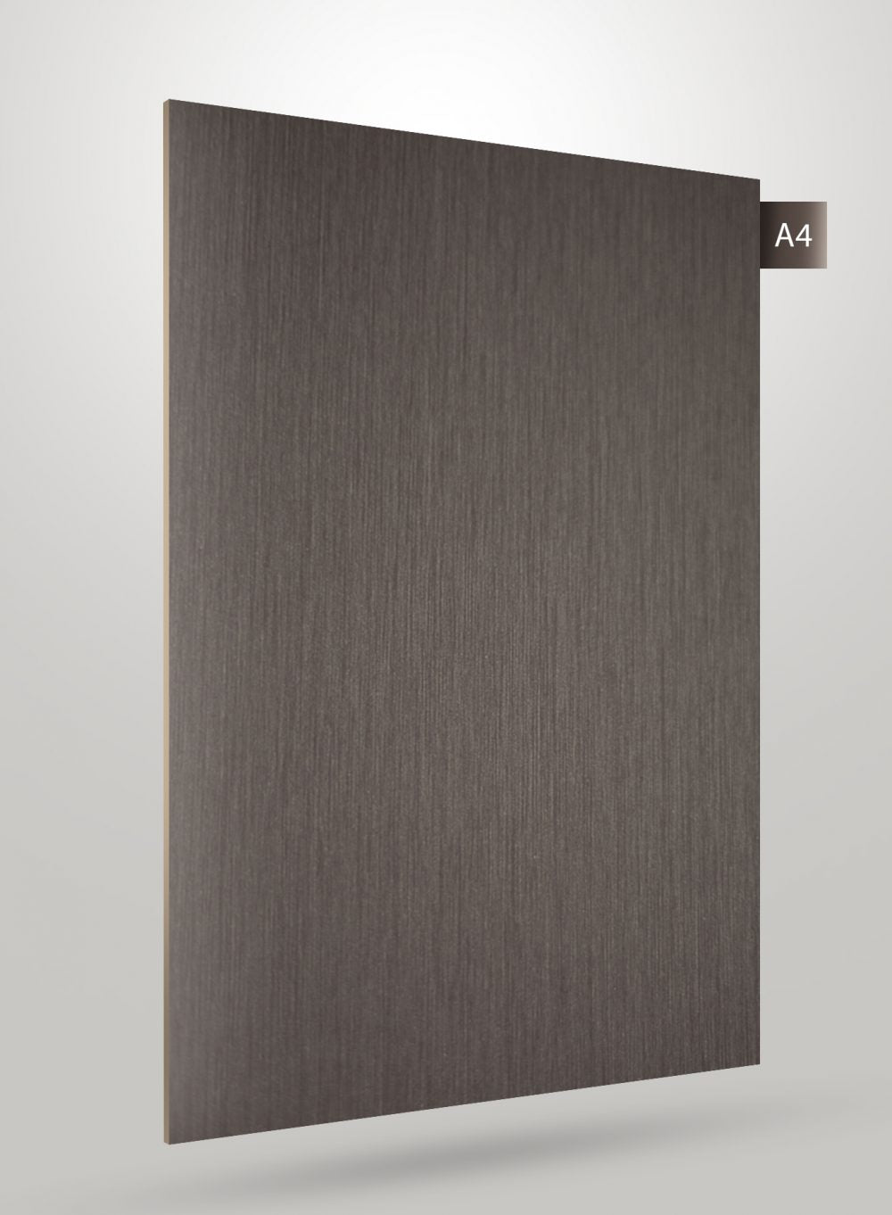 Grey wood grain decorative laminate with high gloss finish and vertical grain pattern on a grey background.