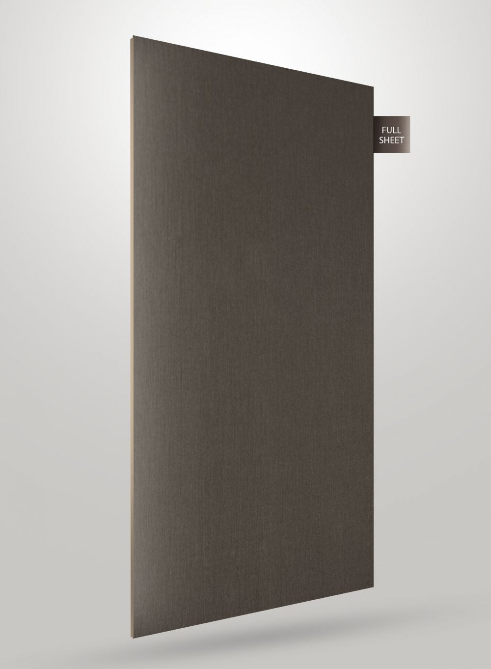 Grey wood grain decorative laminate with high gloss finish and visible texture, shown as full sheet.