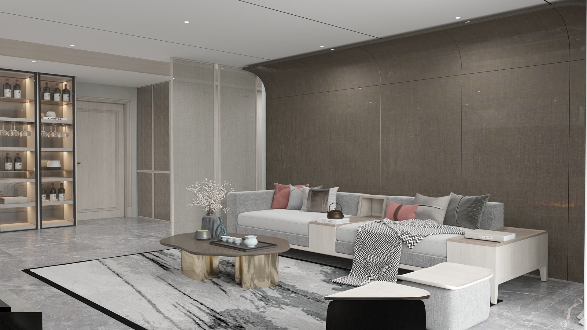 Grey wood laminate wall with glossy finish in modern living room with minimalist decor and sleek furniture.