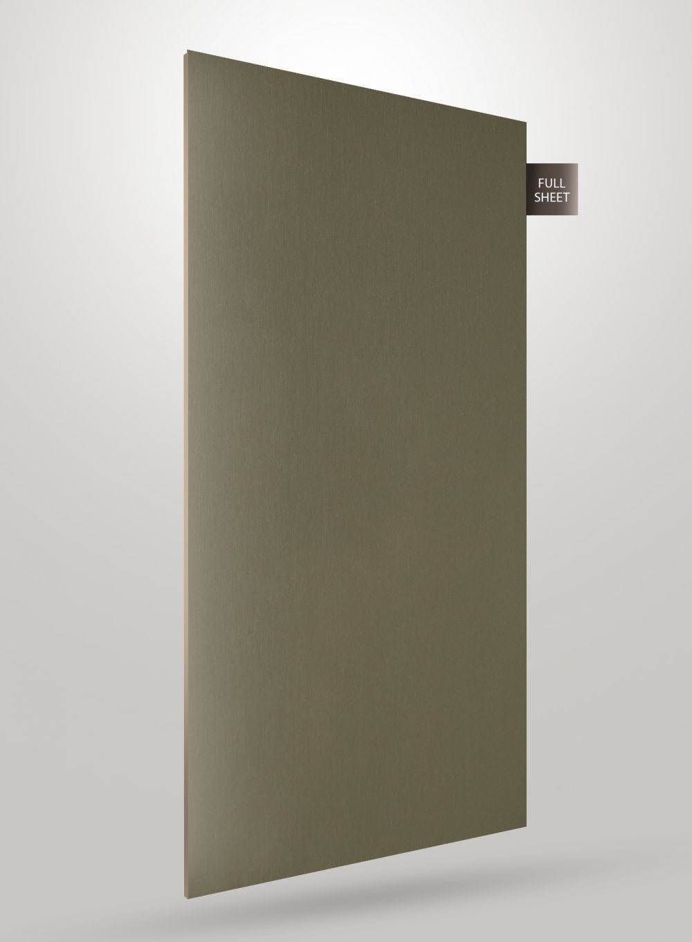 Green decorative laminate sheet with wood grain texture and high gloss finish, labeled full sheet.