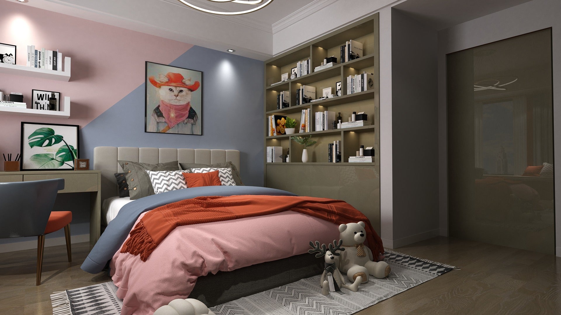 Green wood laminate with wood grain texture and high gloss finish used on bedroom floor and built-in shelving unit