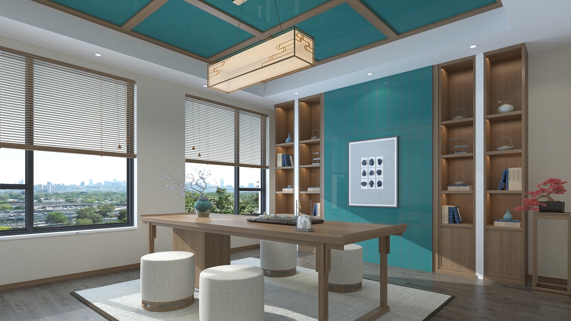 Green solid colour laminate with high gloss finish used on ceiling in modern office interior design with wooden furniture