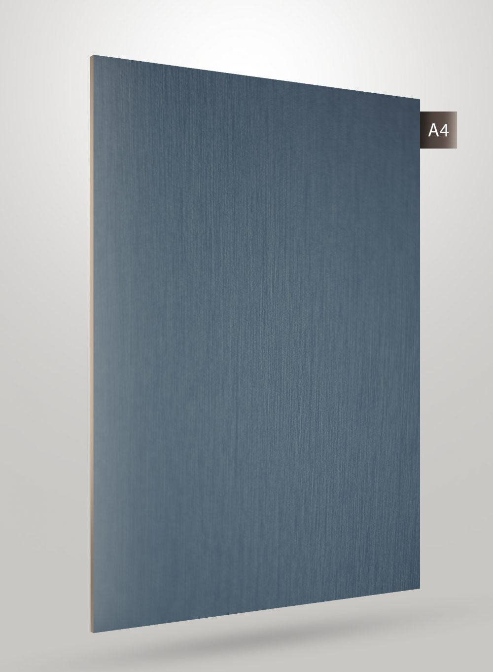 Blue wood grain decorative laminate with glossy finish and vertical texture pattern on a square sample sheet.