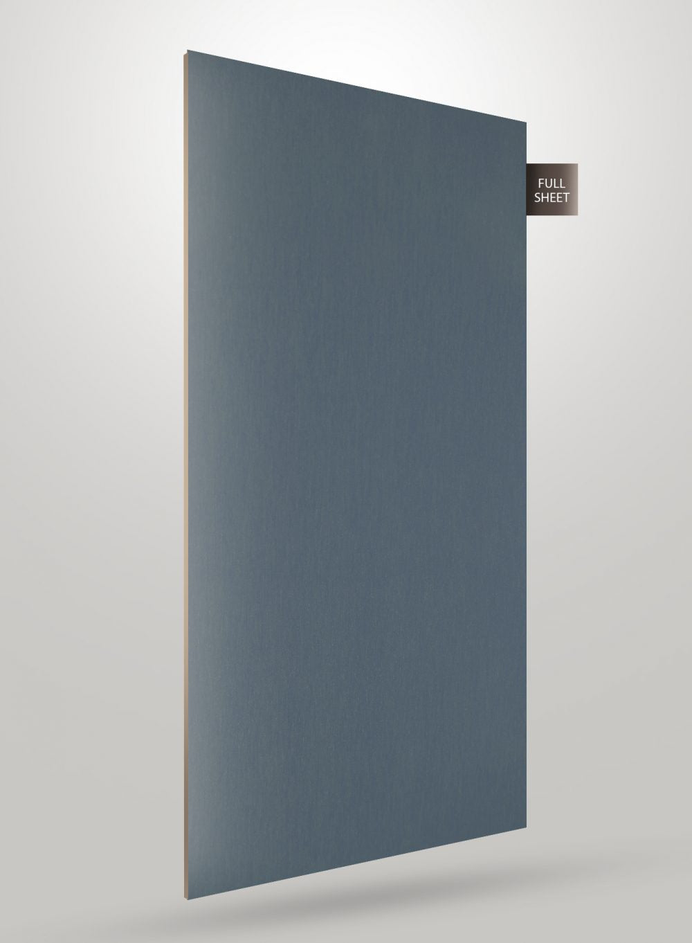 Blue decorative laminate sheet with glossy finish and wood grain texture, shown standing upright with visible edge and full