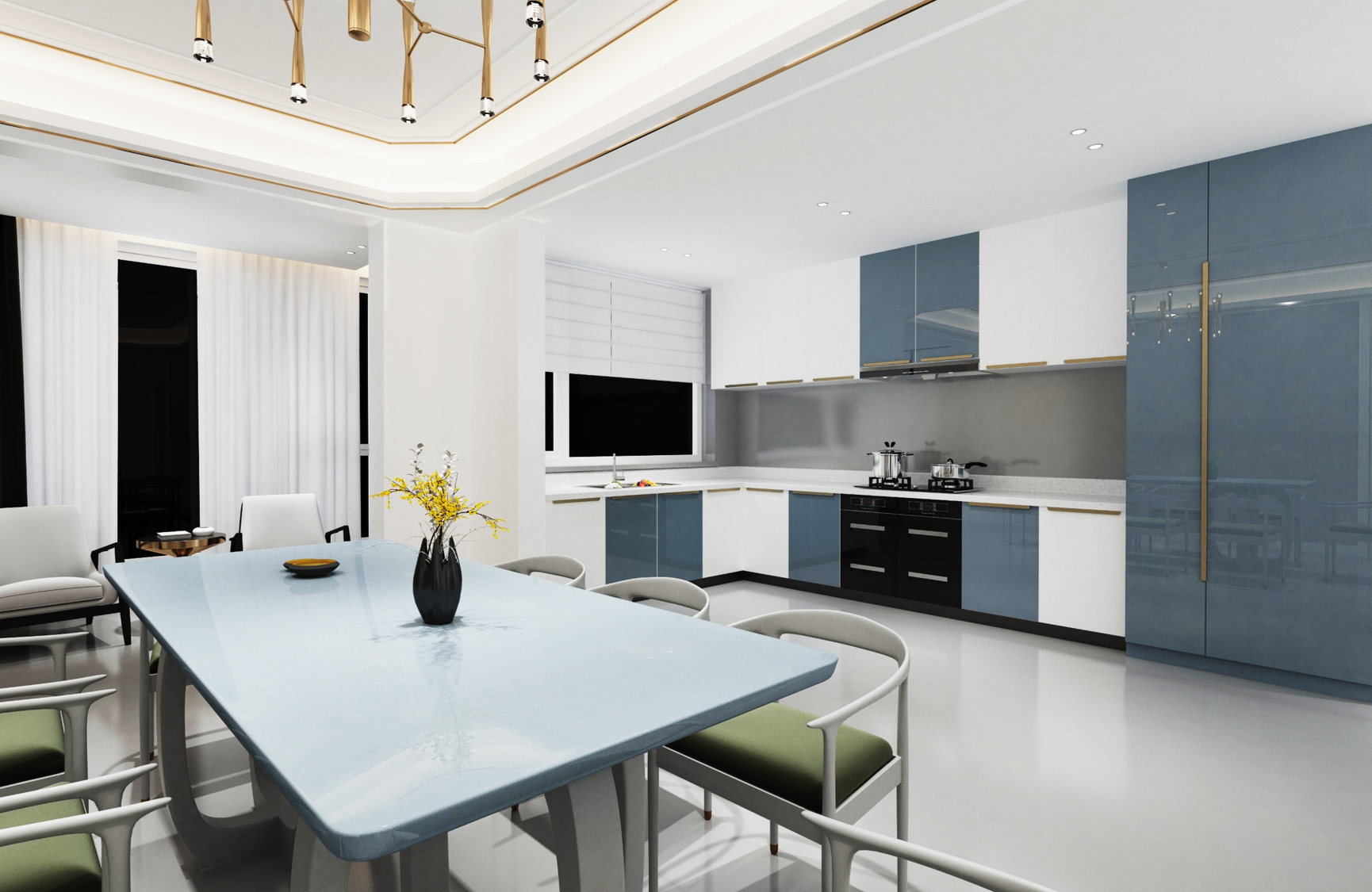 Blue high gloss wood laminate kitchen cabinets and table top with white countertop and chairs in modern interior design