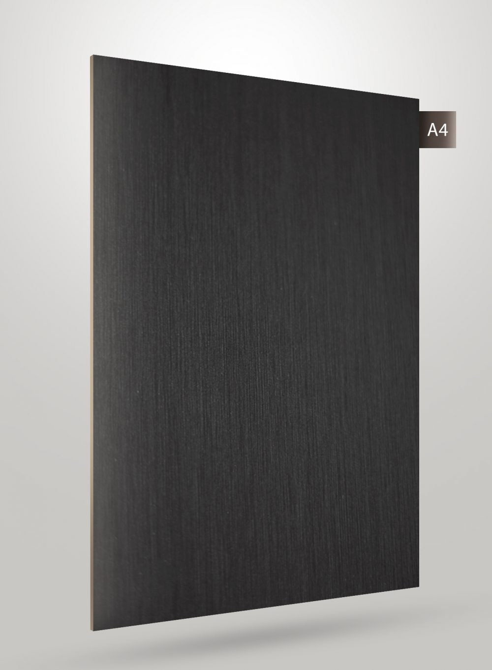 Black wood laminate sheet with glossy finish and vertical grain pattern, decorative laminate for interior use.