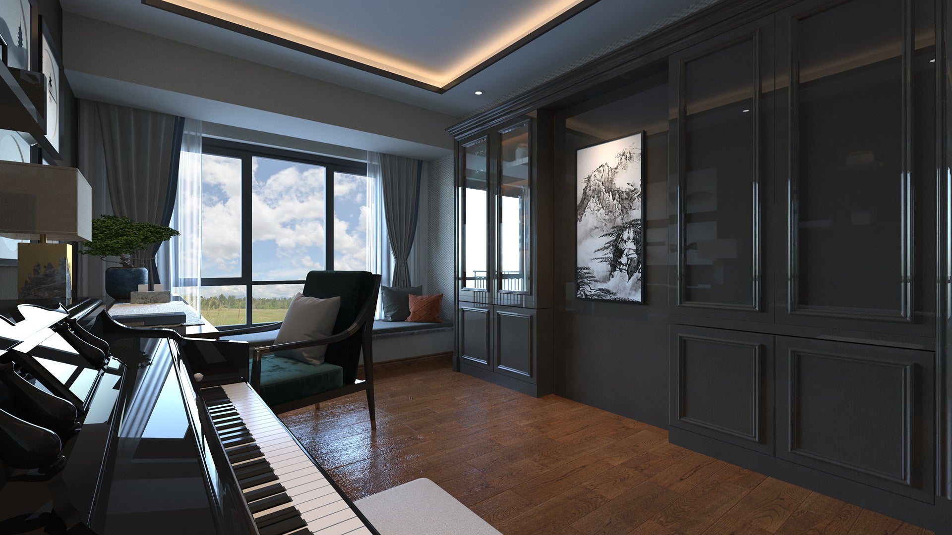 Black wood laminate with glossy finish and wood grain texture used on wall panels and piano in modern room.
