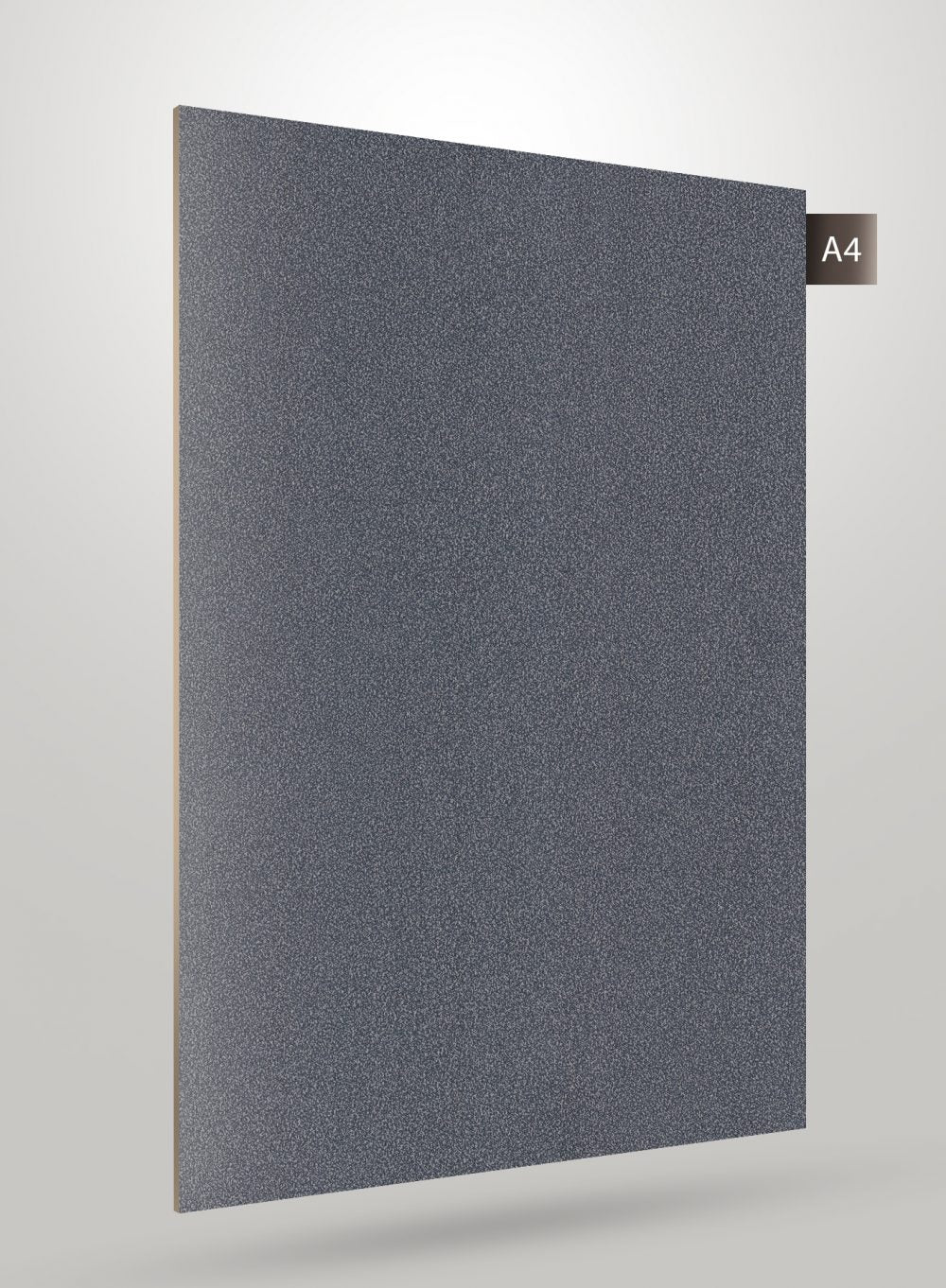 Grey patterned laminate sheet with high gloss finish and speckled texture, decorative interior material.