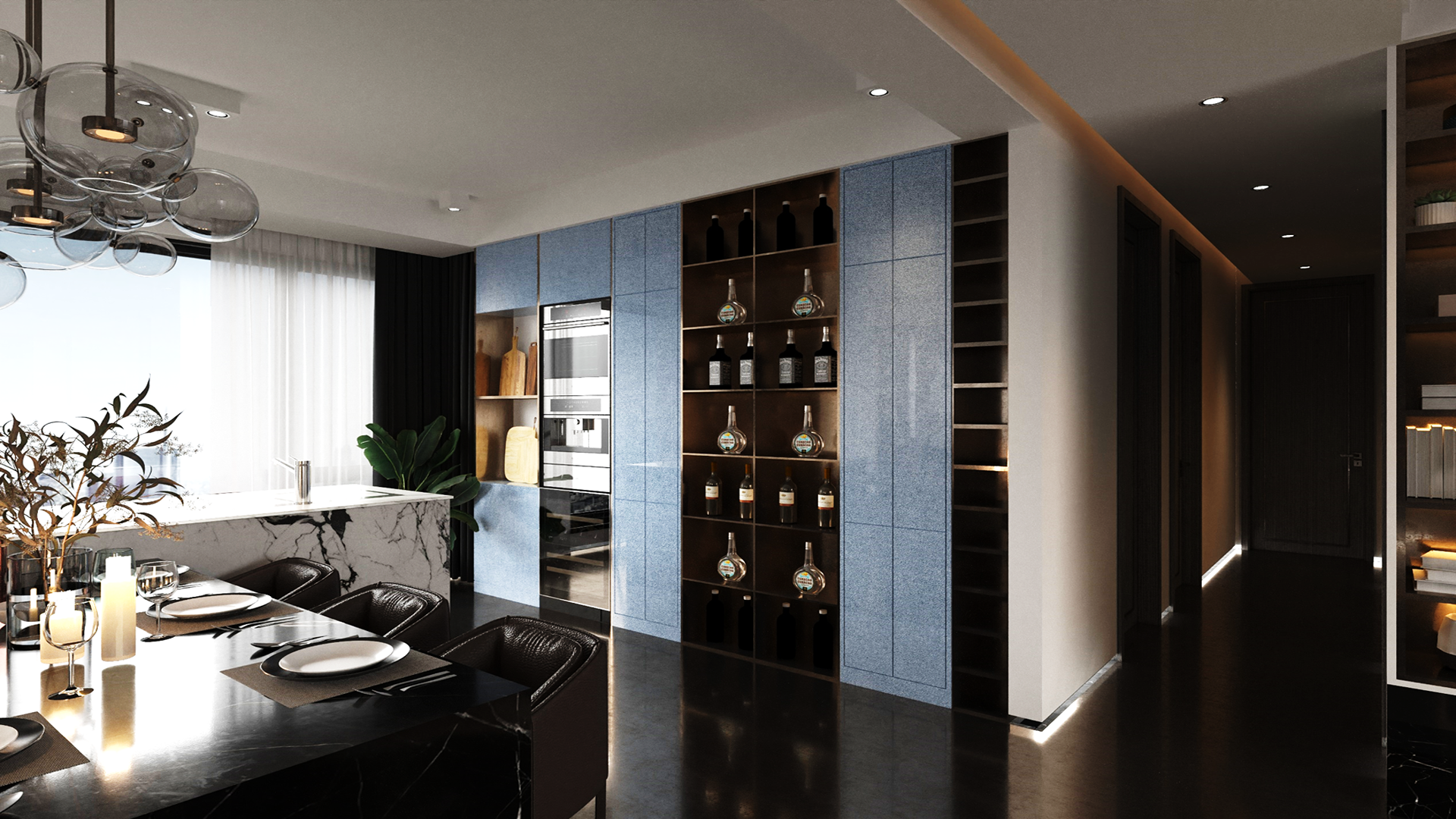 Grey patterned laminate wall panel with high gloss finish in modern dining room with sleek shelving and minimalist decor.